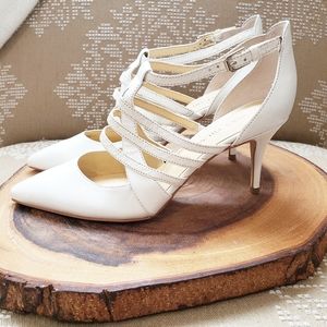 CAGED STRAPPY LEATHER POINTED TOE HEELS 6